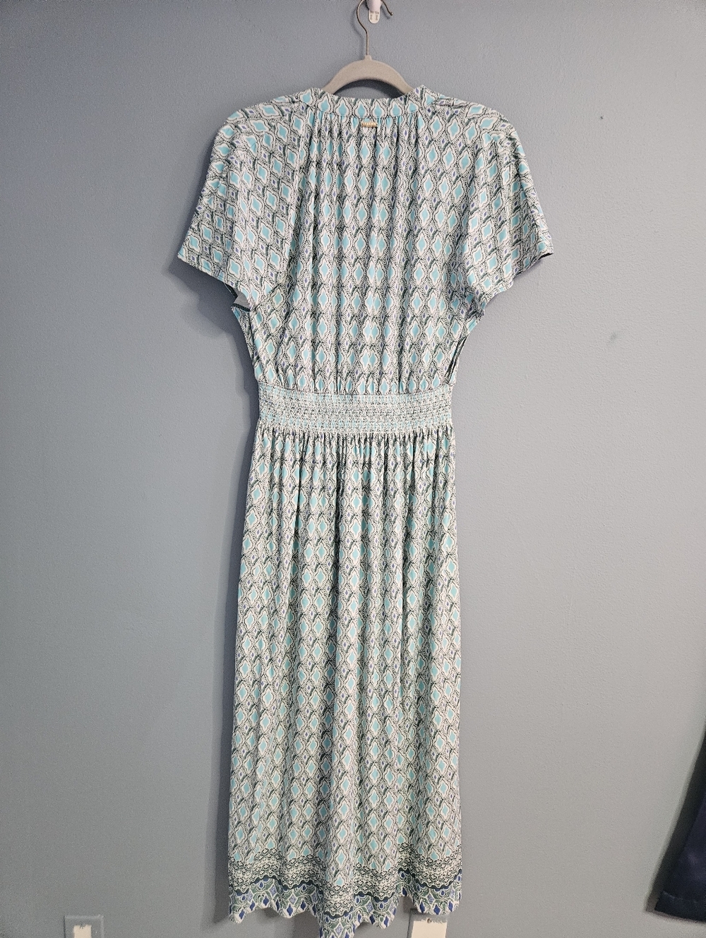 Cabana Life Geo Print Maxi Dress S Blue Aqua Tassel Smocked Waist UPF 50 Resort - Picture 2 of 8